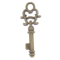 Zinklegierung Schlüssel Anhänger, antike Bronzefarbe plattiert, frei von Nickel, Blei & Kadmium, 10.5x29x2mm, Bohrung:ca. 2.5x3mm, ca. 1110PCs/kg, verkauft von kg