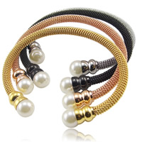 Stainless Steel Cuff Bangle, with Glass Pearl, plated 10mm, Inner Approx 62mm Approx 7.5 Inch 