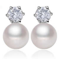 Freshwater Pearl Stud Earring, Brass, with pearl, Round, platinum plated, with cubic zirconia, white, 15mm 