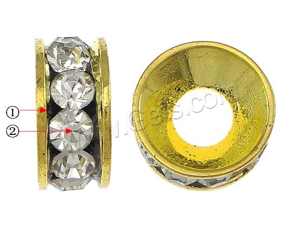 Rondelle Rhinestone Spacer, Brass, plated, with rhinestone, more colors for choice, 4x11x11mm, Hole:Approx 4mm, Sold By PC