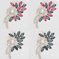 Zinc Alloy Jewelry Brooch, with Crystal & Glass Pearl, Flower, rose gold color plated, faceted & with rhinestone, mixed colors, nickel, lead & cadmium free, 80mm 