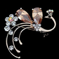 Crystal Brooch, Zinc Alloy, with Crystal, Peacock, rose gold color plated, faceted & with rhinestone, nickel, lead & cadmium free, 50mm 