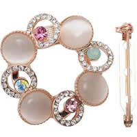 Dual Use Brooch Scarf Buckle, Zinc Alloy, with Cats Eye, Flower, rose gold color plated, with rhinestone, multi-colored, nickel, lead & cadmium free, 36mm 