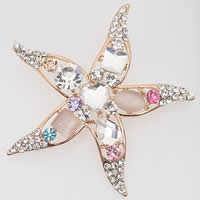 Zinc Alloy Jewelry Brooch, with Cats Eye & Crystal, Starfish, rose gold color plated, faceted & with rhinestone, multi-colored, nickel, lead & cadmium free, 50mm 