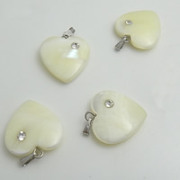 White Shell Pendants, with Stainless Steel, Heart & with rhinestone 
