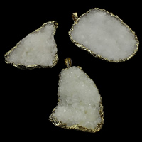 Natural Quartz Druzy Pendants, with Brass, Nuggets, gold color plated, white, 32-35x43-50x15-17mm Approx 