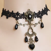 Gothic Necklace, Lace, with Resin & Zinc Alloy, with 2.5Inch extender chain, Heart, antique bronze color plated, with plastic pearl & faceted, black, nickel, lead & cadmium free, 18mm Approx 12 Inch 