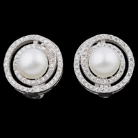 Sterling Silber natürliche Perle Stud Ohrring, 925 Sterling Silber, mit Perlen, flache Runde, Micro pave Zirkonia, weiß, 6-7mm, 13.5x16mm, verkauft von Paar