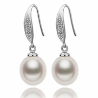 Freshwater Pearl Drop Earring, brass earring hook, Rice, natural, with cubic zirconia, white, 9-10mm 