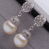 Freshwater Pearl Brass Earring, with Brass, Round, natural, with rhinestone, white, 8-8.5mm 
