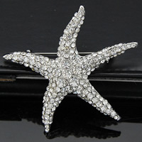 Broche de diamantes de imitación de la aleación de Zinc, Estrella de Mar, chapado en color de platina, con diamantes de imitación, 55x55mm, Vendido por UD