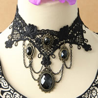 Gothic Necklace, Lace, with brass chain & Resin & Zinc Alloy, with 2.5Inch extender chain, plated, faceted, black, nickel, lead & cadmium free, 65mm Approx 12 Inch 