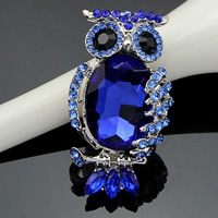 Crystal Brooch, Zinc Alloy, with Crystal, Owl, platinum color plated, faceted & with rhinestone, blue, 50mm 