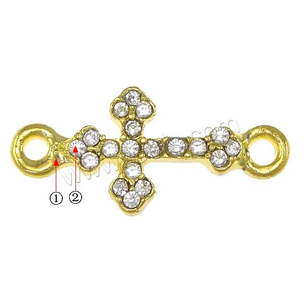 Rhinestone Zinc Alloy Connector, Cross, plated, with rhinestone & 1/1 loop, more colors for choice, nickel, lead & cadmium free, 22x10x3mm, Hole:Approx 2mm, Sold By PC