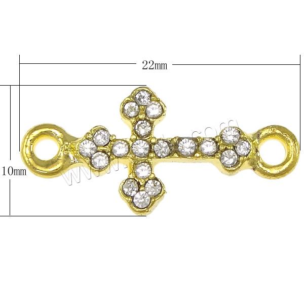 Rhinestone Zinc Alloy Connector, Cross, plated, with rhinestone & 1/1 loop, more colors for choice, nickel, lead & cadmium free, 22x10x3mm, Hole:Approx 2mm, Sold By PC