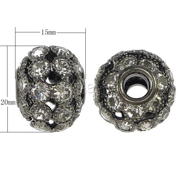 Rhinestone Brass European Beads, Drum, plated, without troll & with rhinestone & hollow, more colors for choice, 15x20mm, Hole:Approx 5mm, Sold By PC
