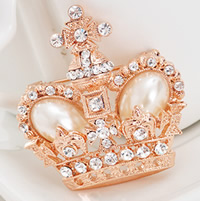 Broche de perle en verre, alliage de zinc, avec perle de verre, couronne, Plaqué de couleur d'or rose, avec strass, protéger l'environnement, sans nickel, plomb et cadmium Vendu par lot