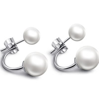 925 Sterling Silver Double Pearl Hoop Stud Earring, with Glass Pearl, Round, platinum plated, 6mm, 9mm 