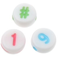 Acryl Zahlen Perlen, flache Runde, gemischtes Muster & mit einem Muster von Nummer & Volltonfarbe, 7x3mm, Bohrung:ca. 1mm, ca. 3600PCs/Tasche, verkauft von Tasche