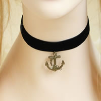 Gothic Necklace, Velveteen Ribbon, with Zinc Alloy, with 2.5Inch extender chain, Anchor, antique bronze color plated, nautical pattern, black, nickel, lead & cadmium free, 20mm Approx 12 Inch 