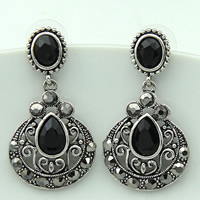Fashion Statement Earring, Zinc Alloy, with Acrylic, Teardrop, platinum color plated, faceted & with rhinestone, black, 45mm 