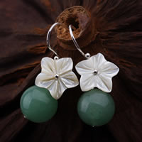 925 Sterling Silver Drop Earring, with Green Aventurine & White Shell, Flower, 55mm 