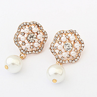 Glass Zinc Alloy Earring, with Glass Pearl, stainless steel post pin, Flower, rose gold color plated, with rhinestone, nickel, lead & cadmium free 
