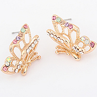 Zinc Alloy Rhinestone Stud Earring, stainless steel post pin, Butterfly, rose gold color plated, with rhinestone, nickel, lead & cadmium free 