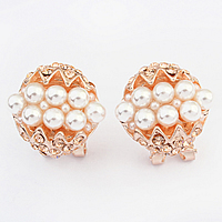 Glass Zinc Alloy Earring, with Glass Pearl, stainless steel earring post and Omega clip, rose gold color plated, with rhinestone, nickel, lead & cadmium free 