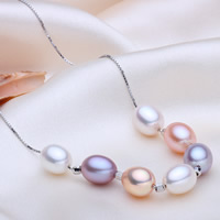 Freshwater Pearl Brass Necklace, with Brass, Rice, natural, box chain, multi-colored, 7-8mm Approx 17 Inch 