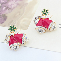 Christmas Earrings, Zinc Alloy, stainless steel post pin, Christmas Bell, gold color plated, Christmas jewelry & enamel & with rhinestone, fuchsia, nickel, lead & cadmium free 