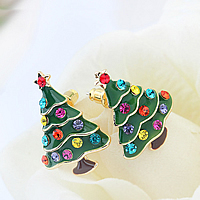 Christmas Earrings, Zinc Alloy, stainless steel post pin, Christmas Tree, gold color plated, Christmas jewelry & enamel & with rhinestone, nickel, lead & cadmium free 