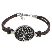 Cowhide Bracelets, with 304 Stainless Steel, with 1lnch extender chain, Flat Round  & blacken, deep coffee color 3mm Approx 8 Inch 