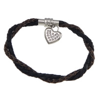 Cowhide Bracelets, 304 stainless steel magnetic clasp, Heart, with rhinestone &  & two tone 6.5mm Approx 8 Inch 