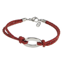 Cowhide Bracelets, with 304 Stainless Steel, with 1lnch extender chain, Flat Oval , red 3mm Approx 8 Inch 