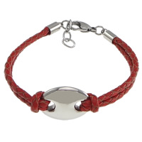 Cowhide Bracelets, with 304 Stainless Steel, with 1lnch extender chain, Flat Oval , red 2.5mm Approx 7 Inch 