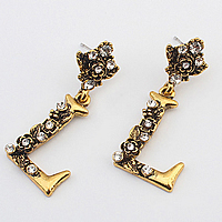Zinc Alloy Rhinestone Drop Earring, stainless steel post pin, Letter L, antique gold color plated, with rhinestone, nickel, lead & cadmium free 