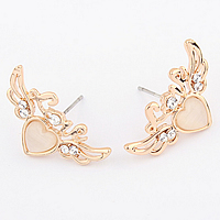 Cats Eye Earring, Zinc Alloy, with Cats Eye, stainless steel post pin, Winged Heart, gold color plated, with rhinestone, nickel, lead & cadmium free 