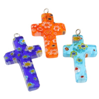Millefiori Glass Pendants, with Iron, Cross, handmade, mixed colors Approx 1mm 