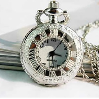 Ожереловые наручные часы, цинковый сплав, Плоская круглая форма, плакирован серебром, твист овал, 25mm, длина:Приблизительно 31 дюймовый, продается Strand