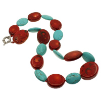 Natural Coral Necklace, with turquoise, brass spring ring clasp, Oval, red, 20-25mm Approx 18 Inch 