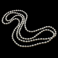De agua dulce naturales collar de perlas largo, Perlas cultivadas de agua dulce, Arroz, Blanco, 7-8mm, longitud:aproximado 58 Inch, Vendido por Sarta