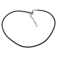 Теплые шнур ожерелья, Шнур из натуральной кожи, латунь Замок-карабин, с 2Inch наполнитель цепи, Платиновое покрытие платиновым цвет, черный, 2.5mm, длина:Приблизительно 15 дюймовый, продается Strand