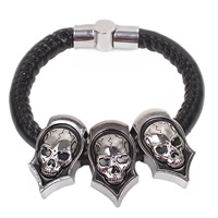 Men Bracelet, Cowhide, with Titanium Steel, Skull, braided & enamel, black, 15mm Approx 8 Inch 