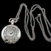 Ожереловые наручные часы, цинковый сплав, с железный цепи & Стеклянный, Плоская круглая форма, Платиновое покрытие платиновым цвет, твист овал & с цветочным узором, 40mm, длина:Приблизительно 31 дюймовый, продается Strand