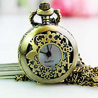 Ожереловые наручные часы, цинковый сплав, с Стеклянный, Плоская круглая форма, Покрытие под бронзу старую, твист овал & с цветочным узором, 25mm, длина:Приблизительно 31 дюймовый, продается Strand