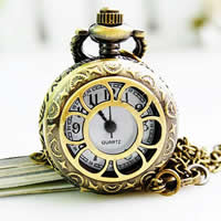 Uhr-Halskette, Zinklegierung, mit Glas, flache Runde, antike Bronzefarbe plattiert, Twist oval & mit Blumenmuster, 25mm, Länge:ca. 31 ZollInch, verkauft von Strang
