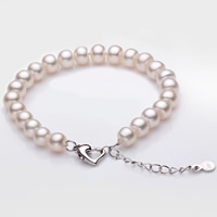 Cultured Freshwater Pearl Bracelets, brass lobster clasp, with 3.5cm extender chain, Button, natural 8-9mm Approx 6.5 Inch 