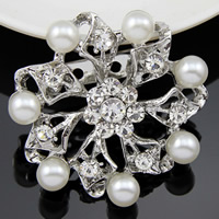 Glass Pearl Brooch, Zinc Alloy, with Glass Pearl, Flower, platinum color plated, with rhinestone, white, nickel, lead & cadmium free 