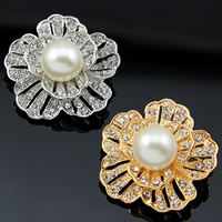 Glass Pearl Brooch, Zinc Alloy, with Glass Pearl, Flower, plated, with rhinestone, mixed colors, nickel, lead & cadmium free 